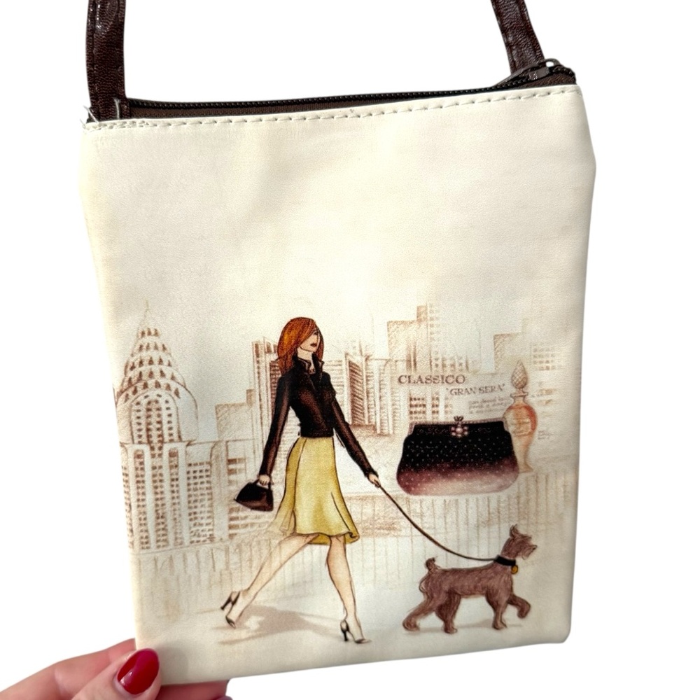 NWT Just Ermo Crossbody Shoulder Bag Woman Walking Dog Illustration Zip Pouch